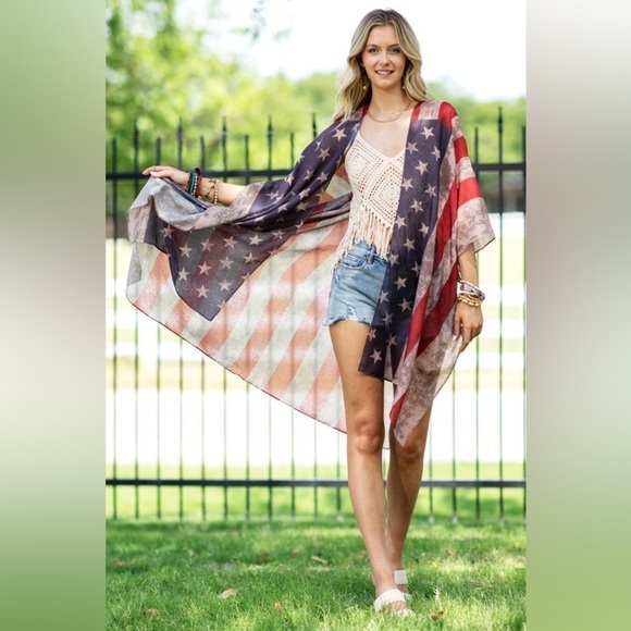 Ruggine American Flag Print 4th July Sheer Kimono Side Slits One Size - Picture 6 of 10